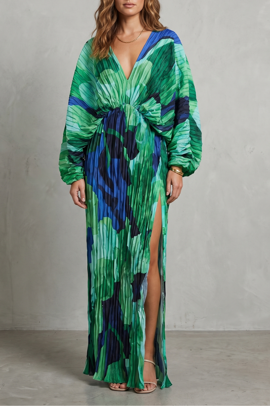 Phoebe | Maxi Dress Green Tropical Print Pleated V-Neck for Women