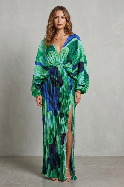 Phoebe | Maxi Dress Green Tropical Print Pleated V-Neck for Women
