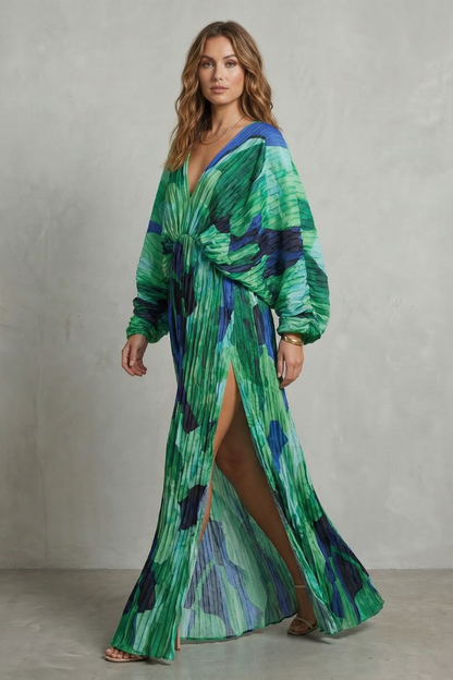 Phoebe | Maxi Dress Green Tropical Print Pleated V-Neck for Women