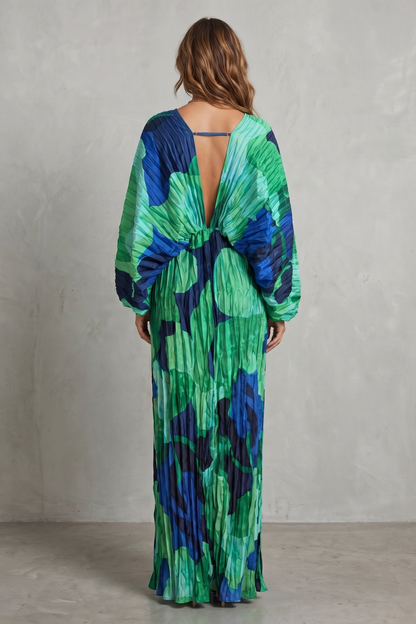 Phoebe | Maxi Dress Green Tropical Print Pleated V-Neck for Women