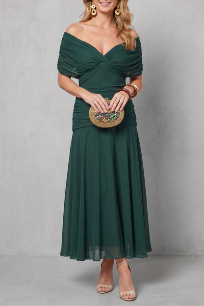 Rosalind | Midi Dress Multicolour Floral Chiffon Off-Shoulder Draped for Women
