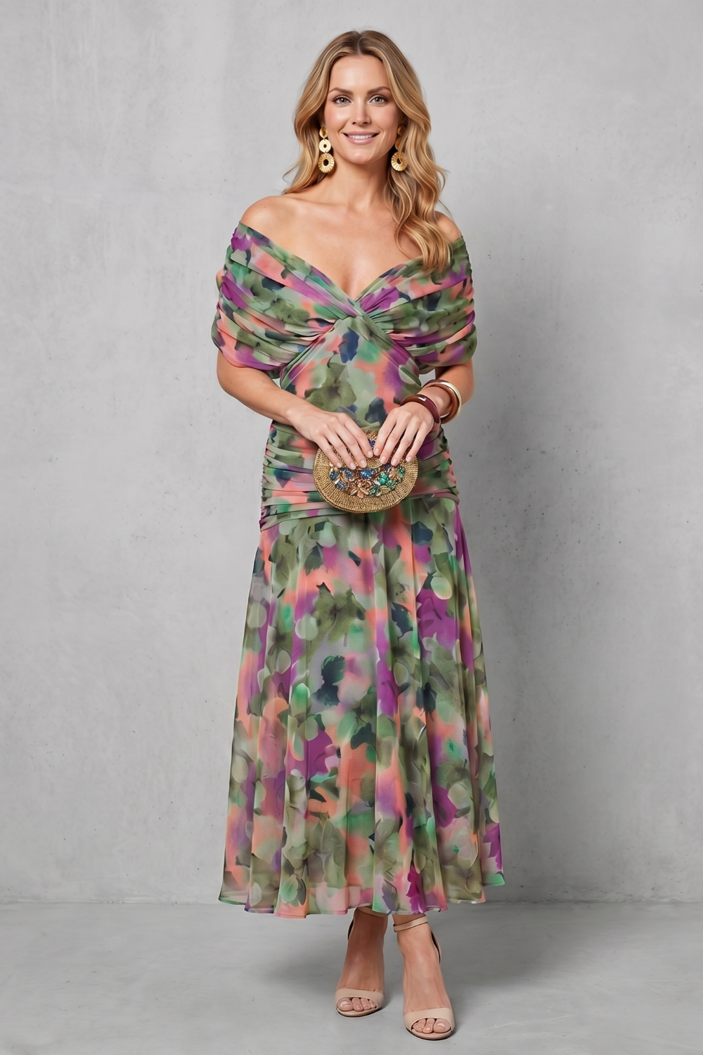 Rosalind | Midi Dress Multicolour Floral Chiffon Off-Shoulder Draped for Women