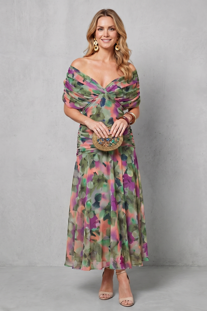 Rosalind | Midi Dress Multicolour Floral Chiffon Off-Shoulder Draped for Women