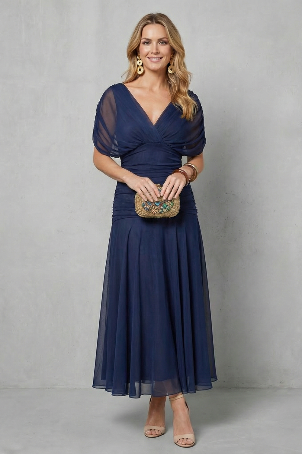 Rosalind | Midi Dress Multicolour Floral Chiffon Off-Shoulder Draped for Women