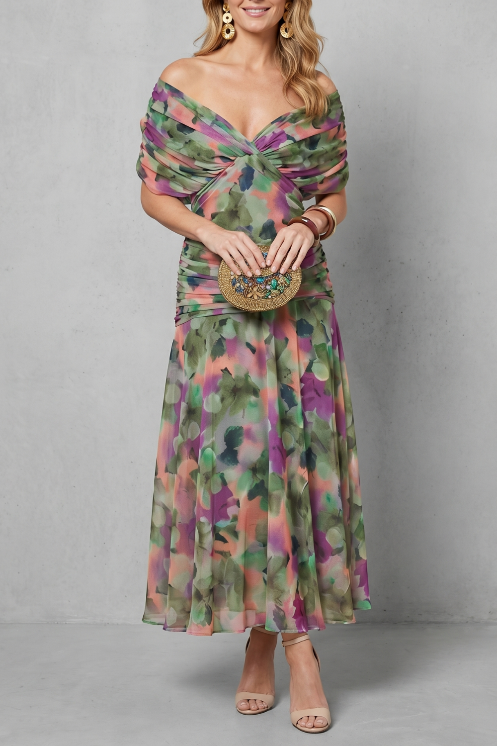 Rosalind | Midi Dress Multicolour Floral Chiffon Off-Shoulder Draped for Women