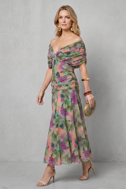 Rosalind | Midi Dress Multicolour Floral Chiffon Off-Shoulder Draped for Women
