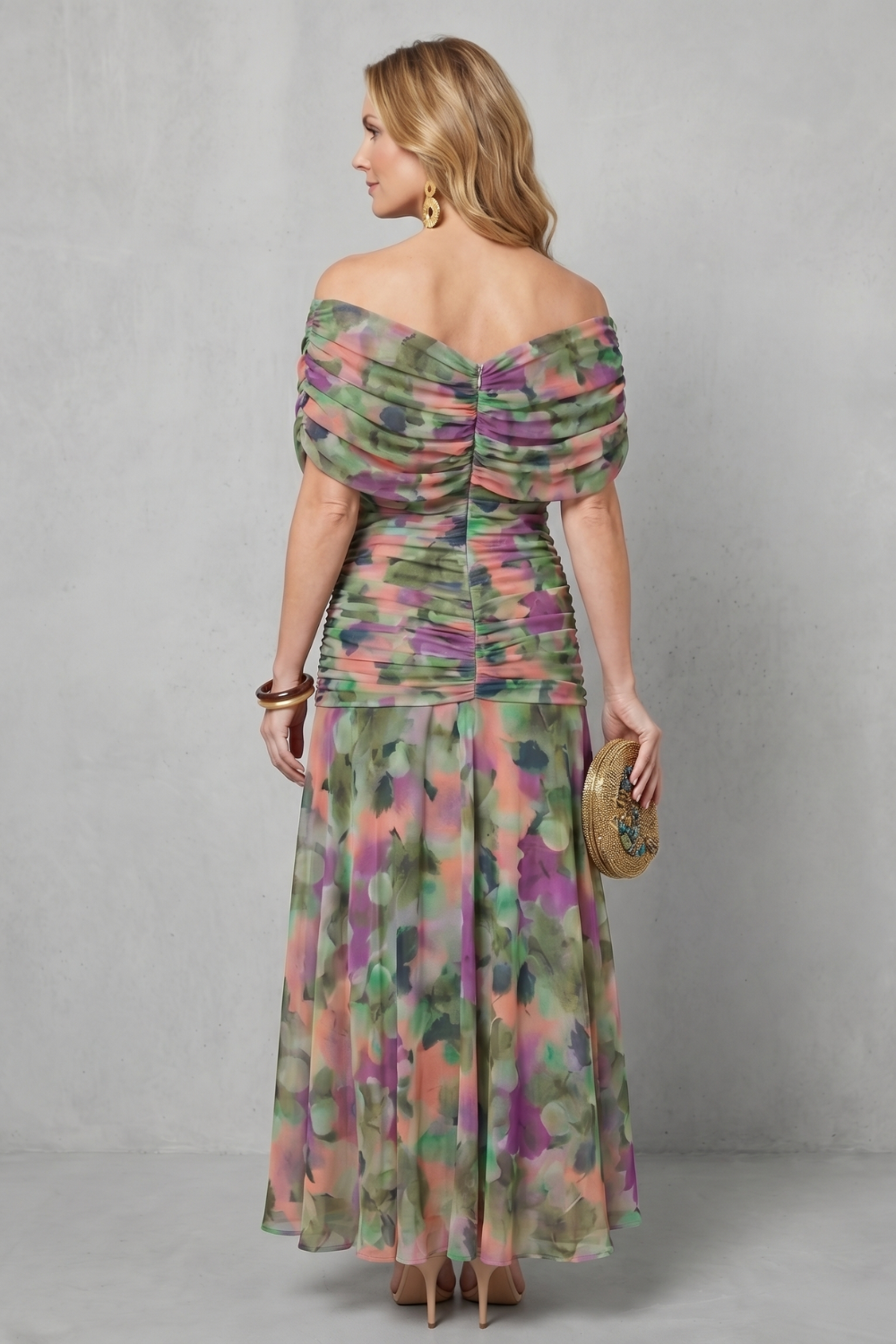 Rosalind | Midi Dress Multicolour Floral Chiffon Off-Shoulder Draped for Women