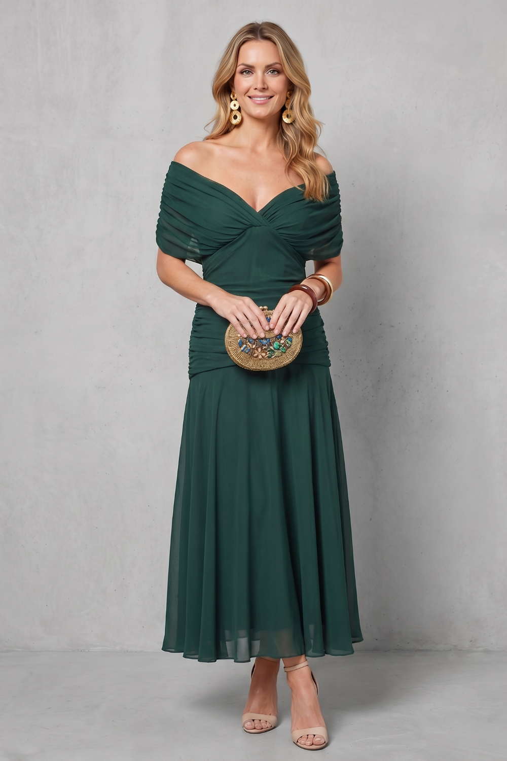 Rosalind | Midi Dress Multicolour Floral Chiffon Off-Shoulder Draped for Women