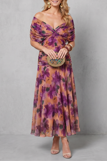 Rosalind | Midi Dress Multicolour Floral Chiffon Off-Shoulder Draped for Women