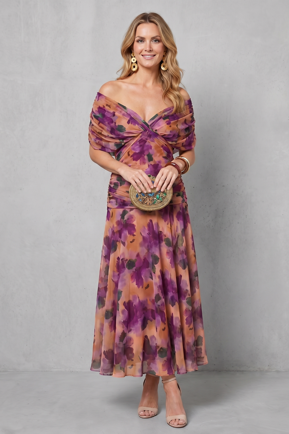 Rosalind | Midi Dress Multicolour Floral Chiffon Off-Shoulder Draped for Women