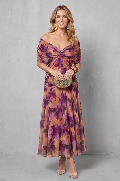 Rosalind | Midi Dress Multicolour Floral Chiffon Off-Shoulder Draped for Women