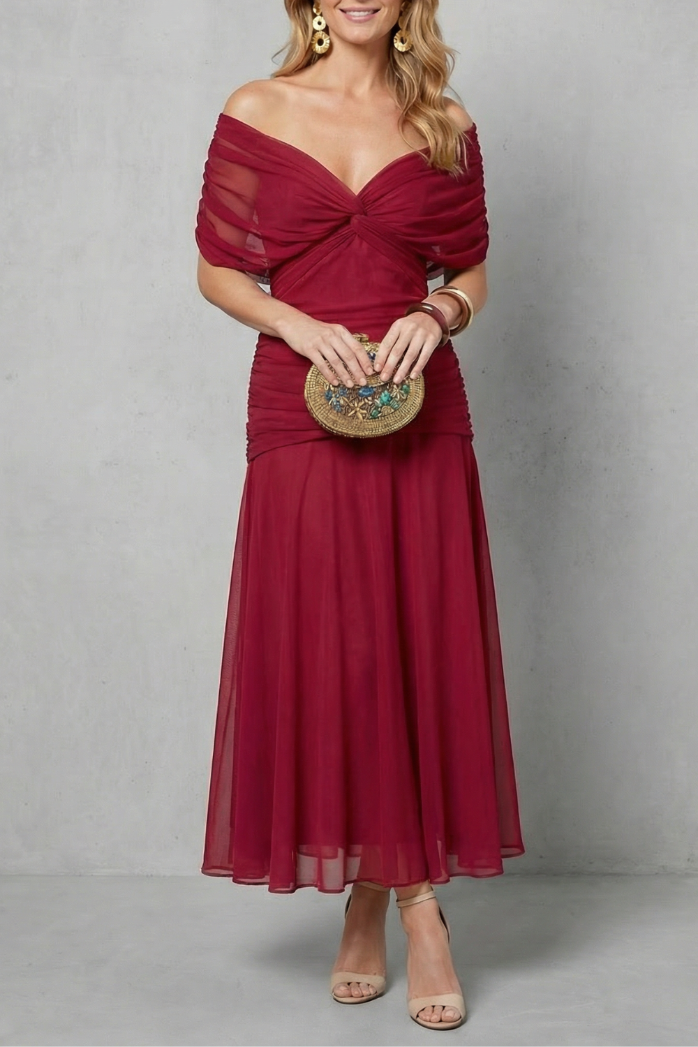 Rosalind | Midi Dress Multicolour Floral Chiffon Off-Shoulder Draped for Women