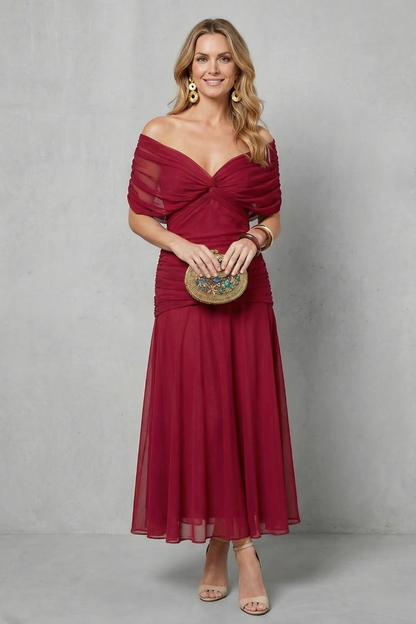 Rosalind | Midi Dress Multicolour Floral Chiffon Off-Shoulder Draped for Women