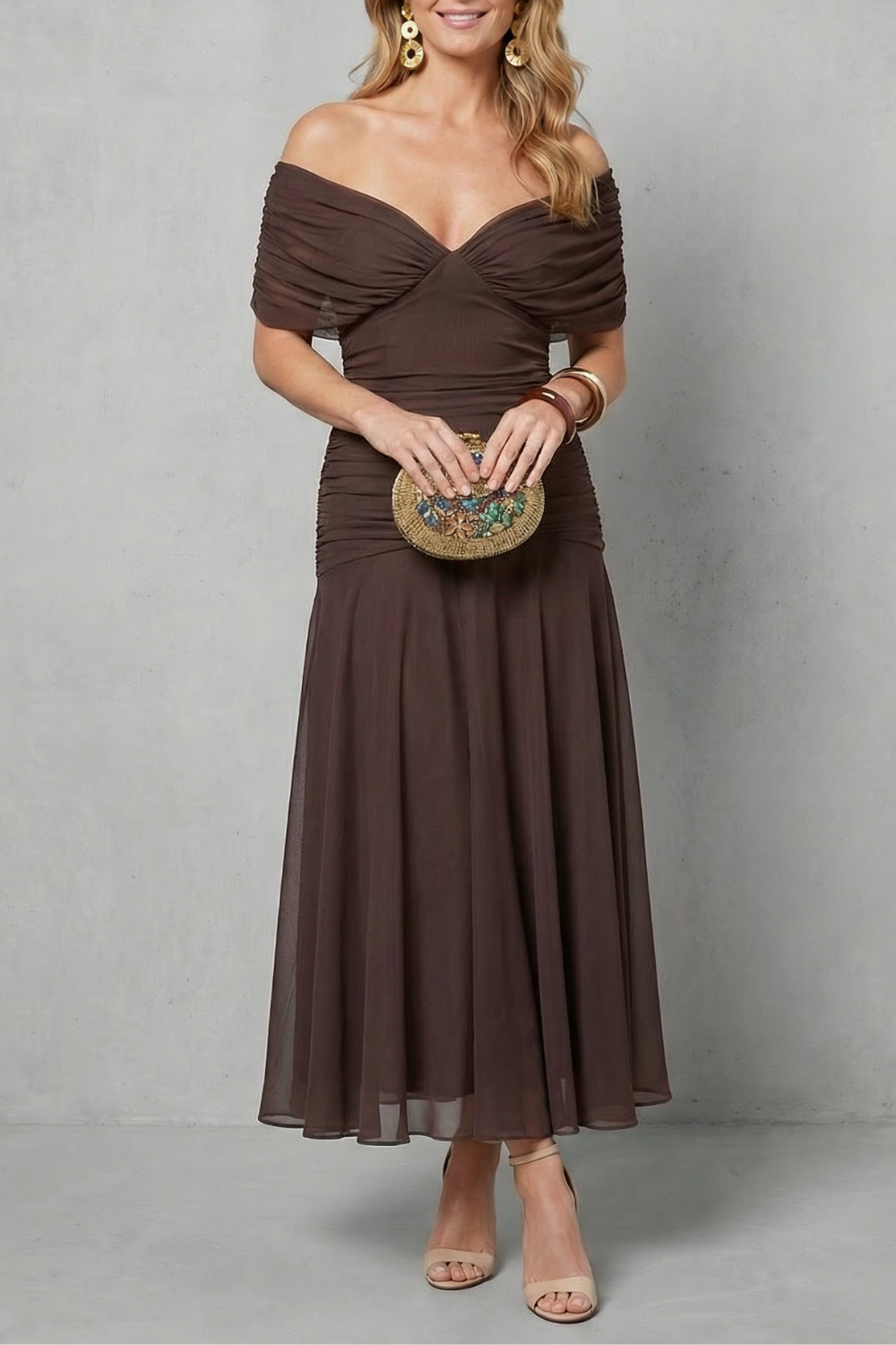 Rosalind | Midi Dress Multicolour Floral Chiffon Off-Shoulder Draped for Women