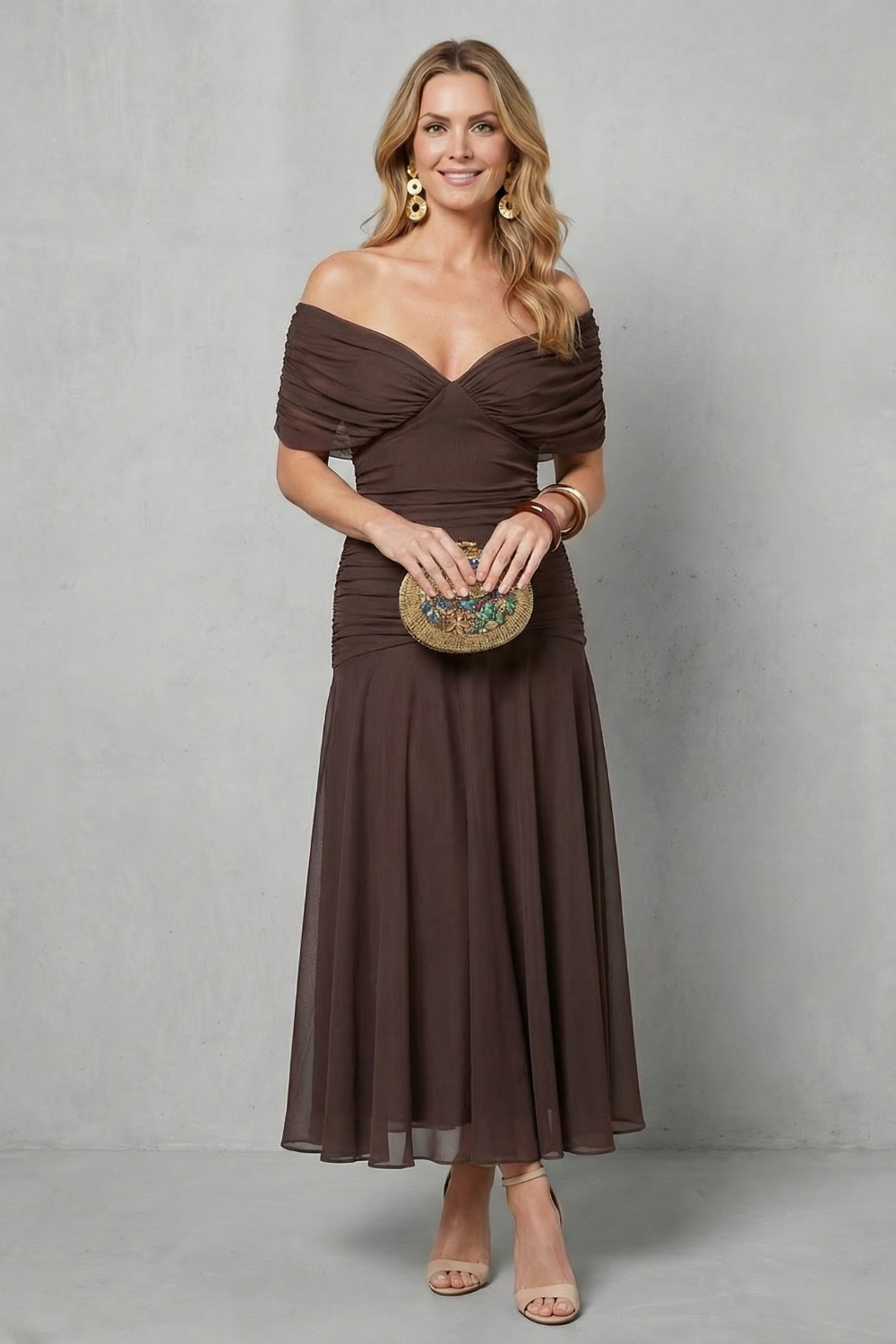 Rosalind | Midi Dress Multicolour Floral Chiffon Off-Shoulder Draped for Women