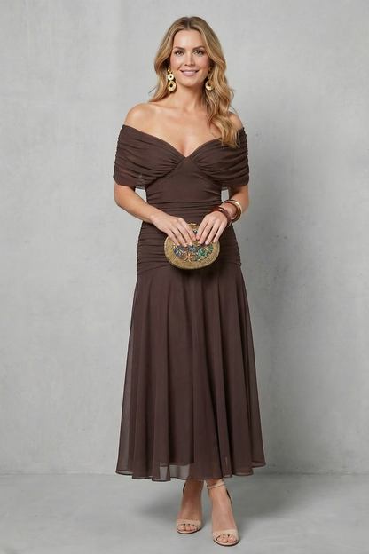 Rosalind | Midi Dress Multicolour Floral Chiffon Off-Shoulder Draped for Women