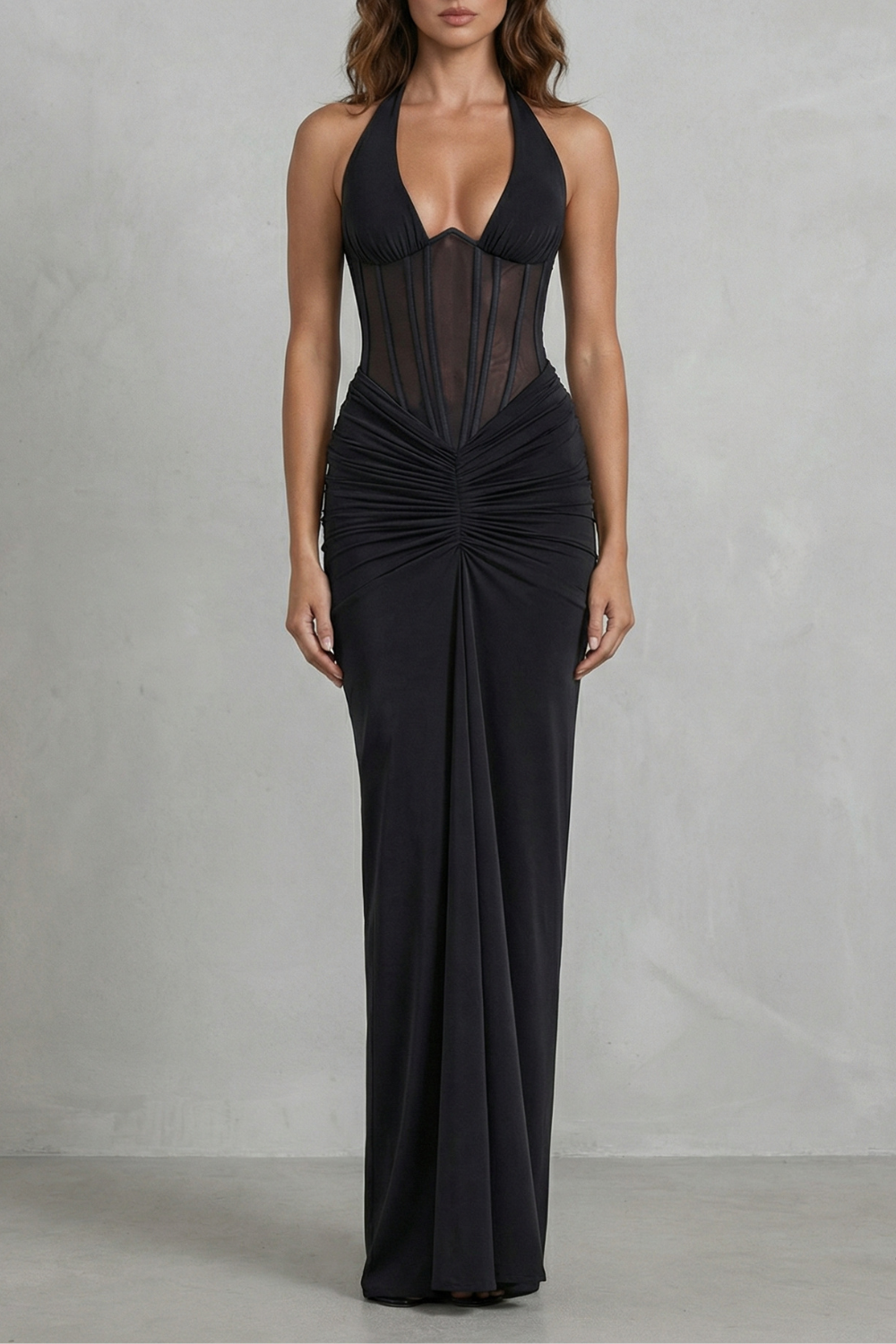 Elspeth | Maxi Party Dress Black Mesh Corset Halter Neck for Women