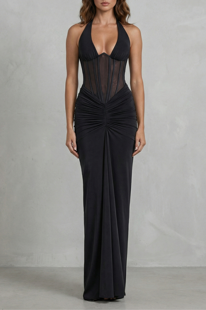 Elspeth | Maxi Party Dress Black Mesh Corset Halter Neck for Women