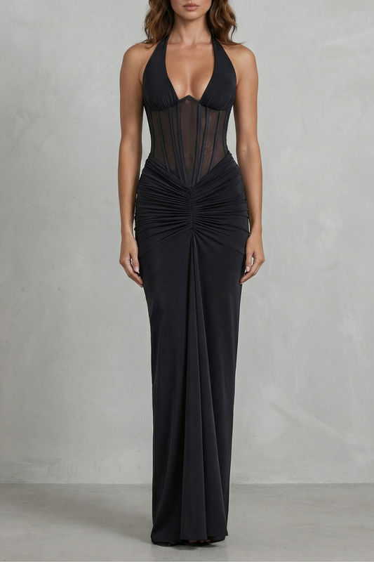 Elspeth | Maxi Party Dress Black Mesh Corset Halter Neck for Women