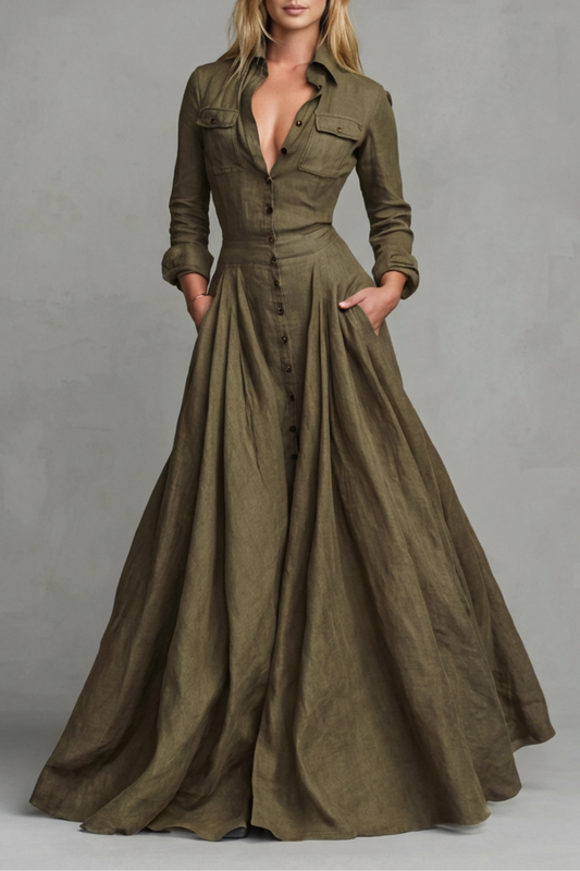 Phoebe | Maxi Shirt Dress Olive Green Linen A-Line Long Sleeve for Women