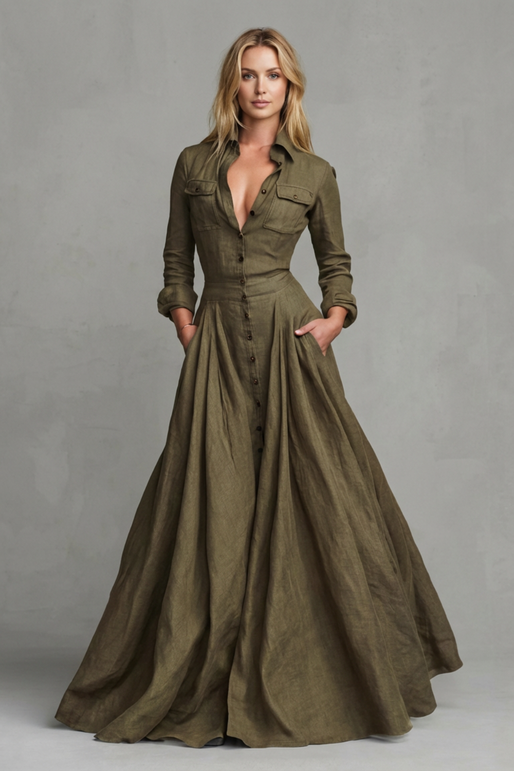 Phoebe | Maxi Shirt Dress Olive Green Linen A-Line Long Sleeve for Women