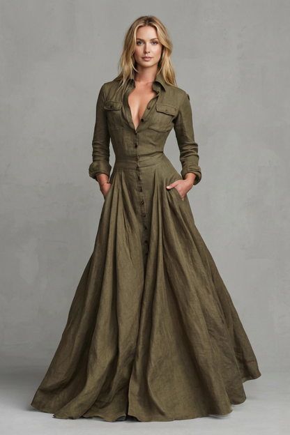 Phoebe | Maxi Shirt Dress Olive Green Linen A-Line Long Sleeve for Women
