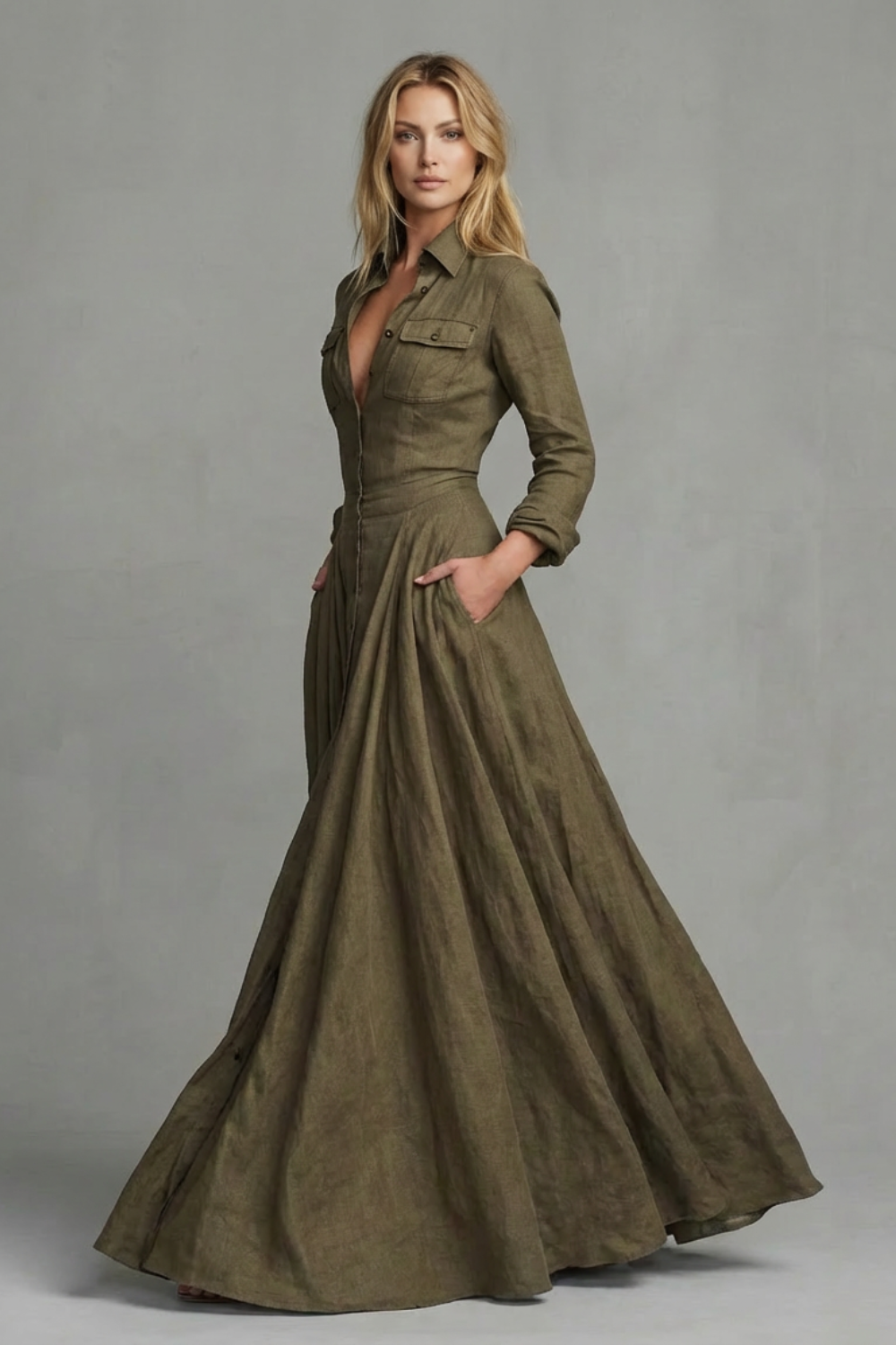 Phoebe | Maxi Shirt Dress Olive Green Linen A-Line Long Sleeve for Women