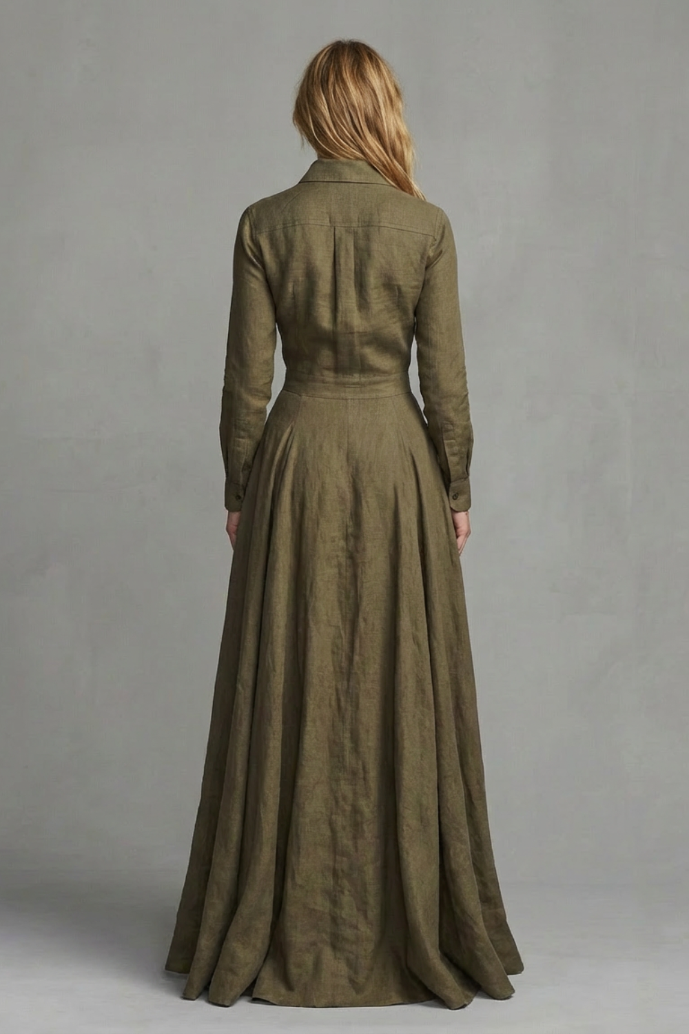 Phoebe | Maxi Shirt Dress Olive Green Linen A-Line Long Sleeve for Women