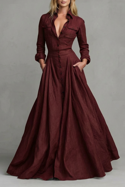 Phoebe | Maxi Shirt Dress Olive Green Linen A-Line Long Sleeve for Women
