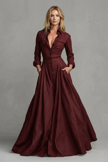 Phoebe | Maxi Shirt Dress Olive Green Linen A-Line Long Sleeve for Women