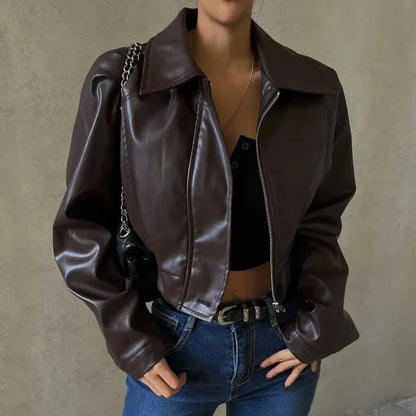 Thea | Cropped Jacket Dark Brown Faux Leather Zip-Up for Women