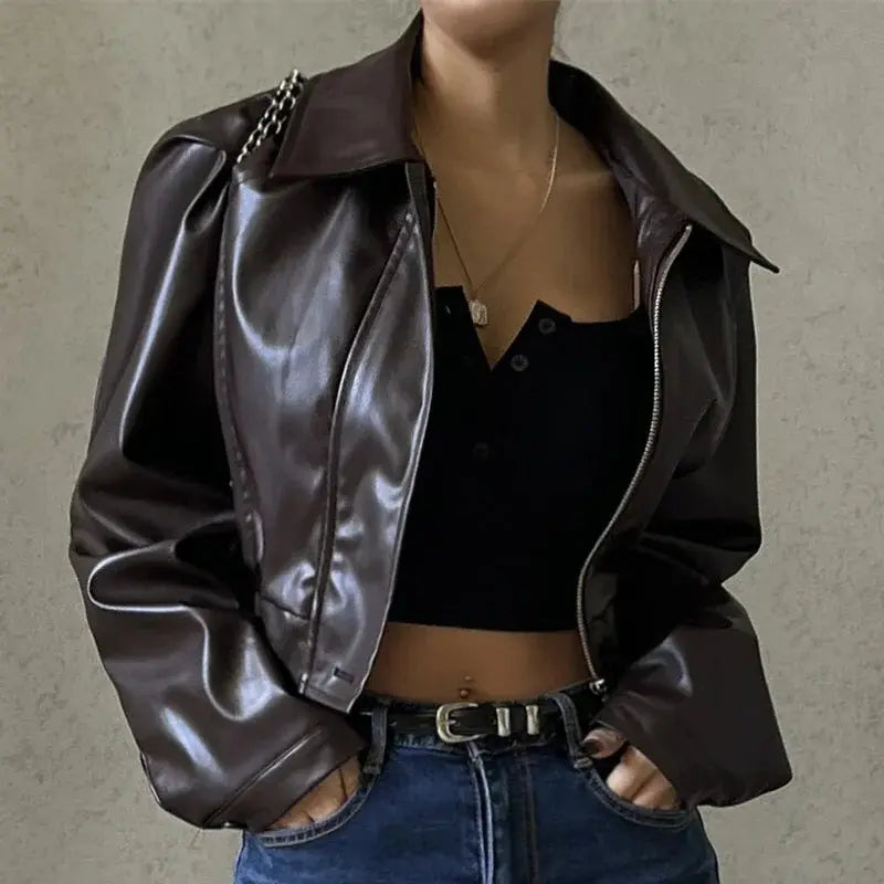 Thea | Cropped Jacket Dark Brown Faux Leather Zip-Up for Women