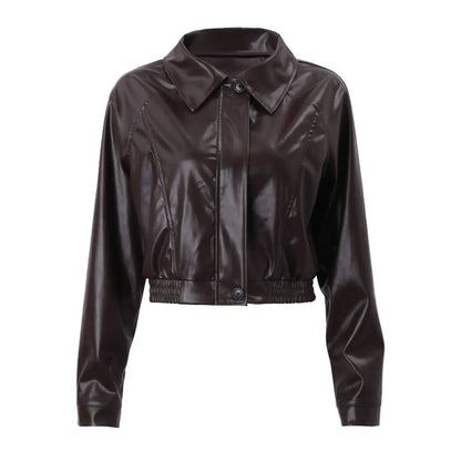 Thea | Cropped Jacket Dark Brown Faux Leather Zip-Up for Women