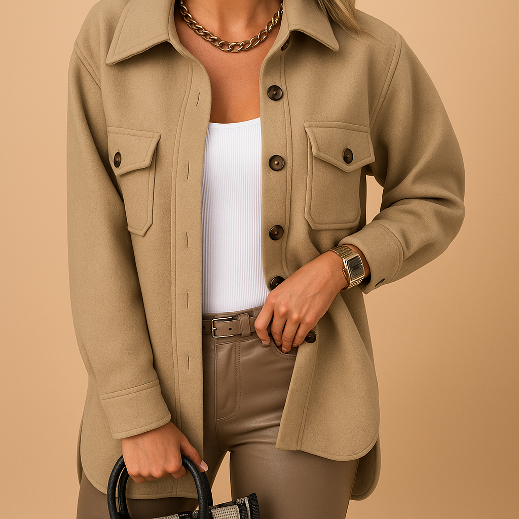 Harriet | Overshirt Jacket Cream Polyester Oversized Button-Front for Women