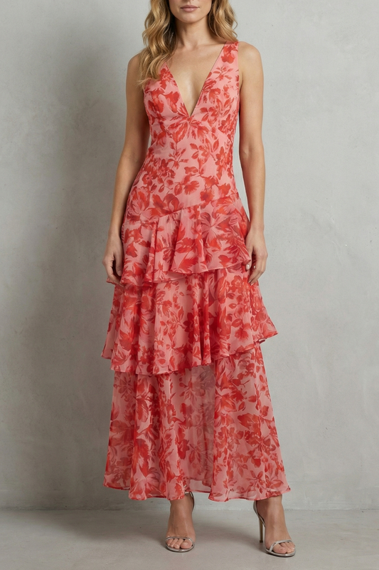 Primrose | Maxi Dress Pink Red Floral Chiffon Tiered V-Neck for Women
