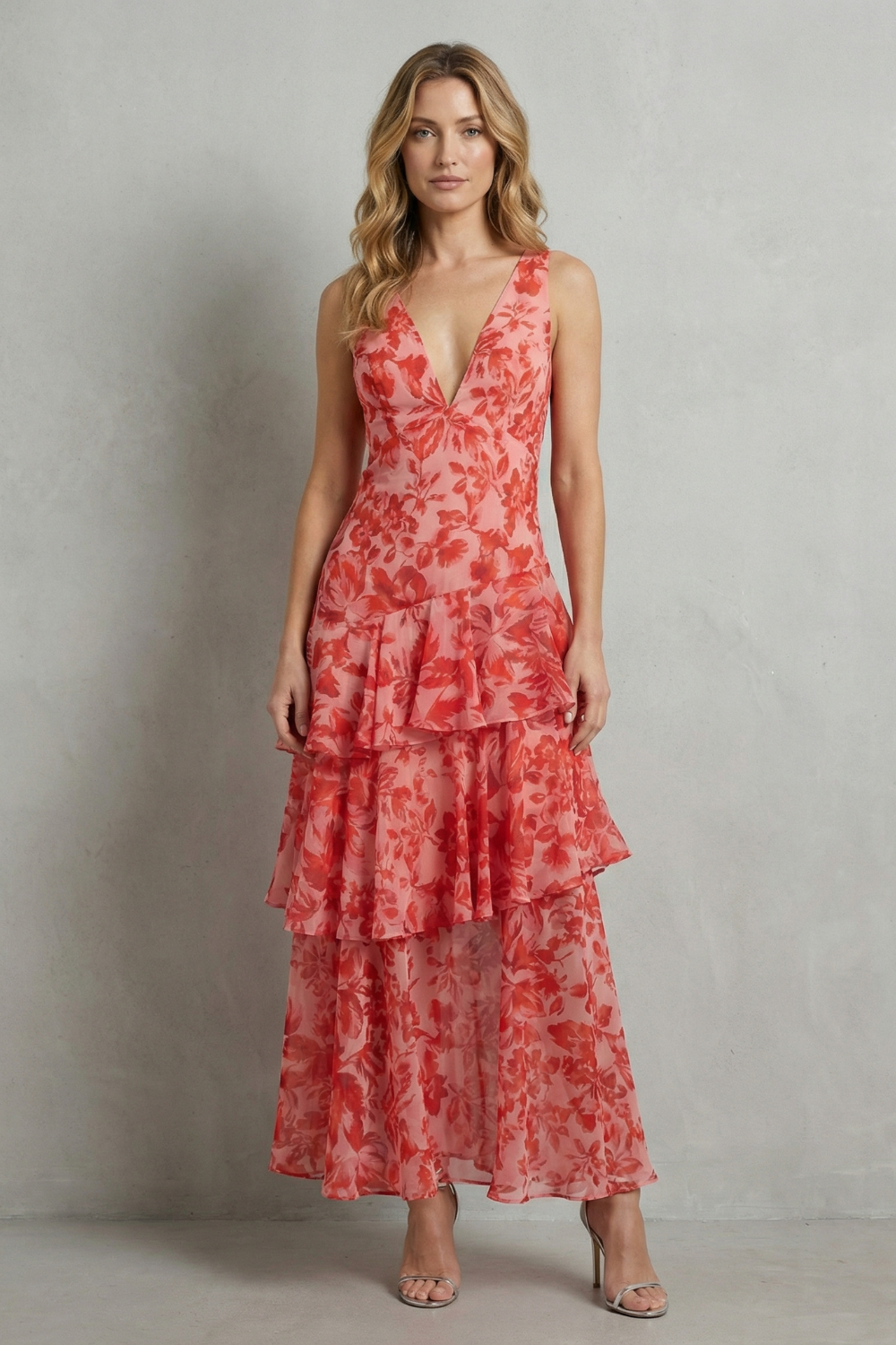 Primrose | Maxi Dress Pink Red Floral Chiffon Tiered V-Neck for Women