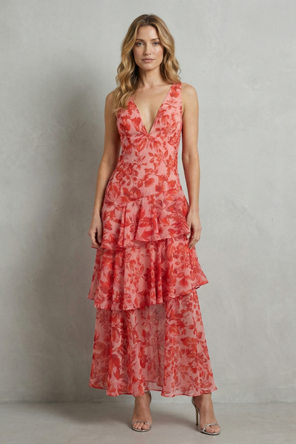 Primrose | Maxi Dress Pink Red Floral Chiffon Tiered V-Neck for Women