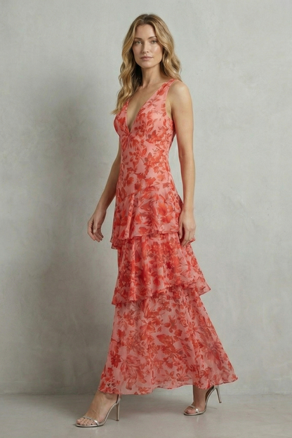 Primrose | Maxi Dress Pink Red Floral Chiffon Tiered V-Neck for Women