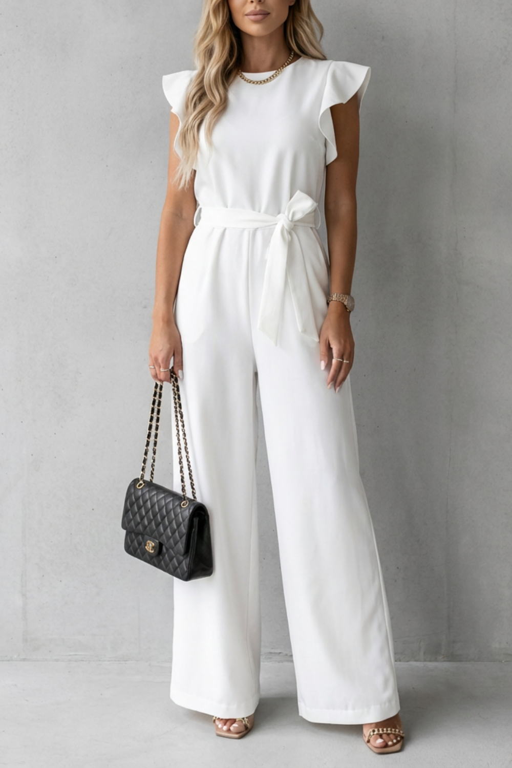 Elspeth | Wide-Leg Jumpsuit White Woven Crepe Ruffle Sleeve Belted for Women