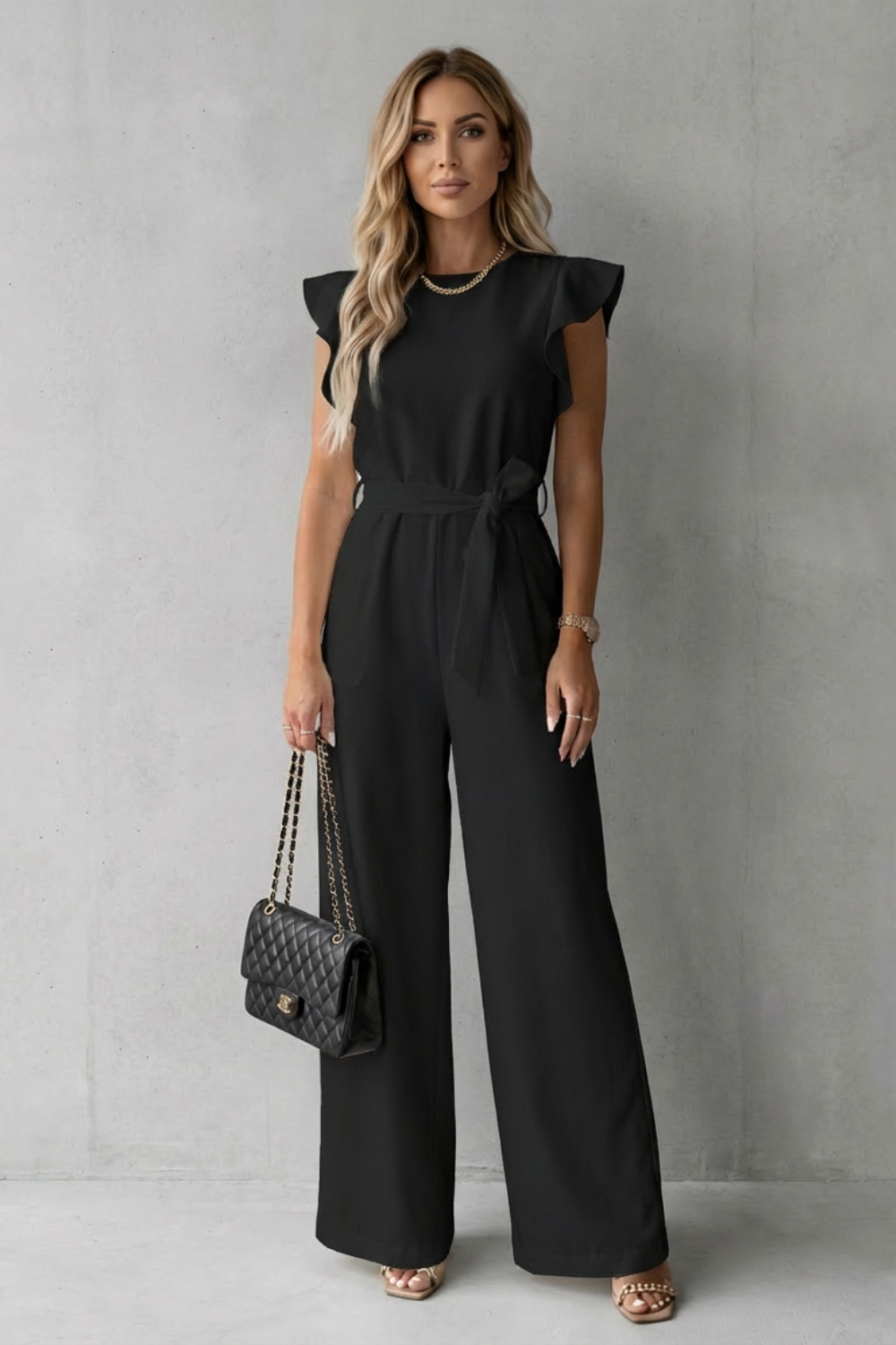 Elspeth | Wide-Leg Jumpsuit White Woven Crepe Ruffle Sleeve Belted for Women