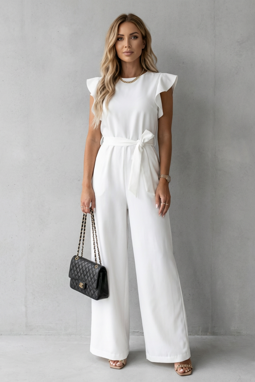 Elspeth | Wide-Leg Jumpsuit White Woven Crepe Ruffle Sleeve Belted for Women