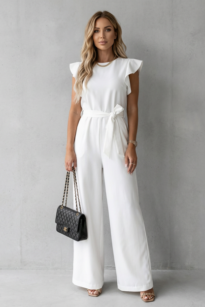 Elspeth | Wide-Leg Jumpsuit White Woven Crepe Ruffle Sleeve Belted for Women