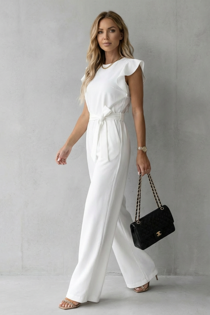 Elspeth | Wide-Leg Jumpsuit White Woven Crepe Ruffle Sleeve Belted for Women