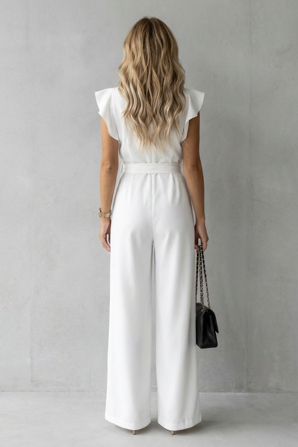 Elspeth | Wide-Leg Jumpsuit White Woven Crepe Ruffle Sleeve Belted for Women