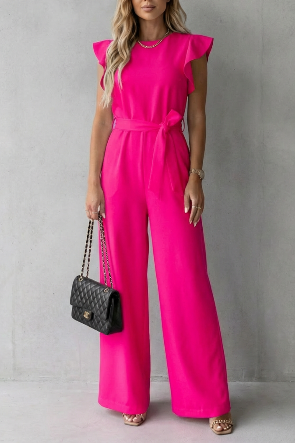 Elspeth | Wide-Leg Jumpsuit White Woven Crepe Ruffle Sleeve Belted for Women