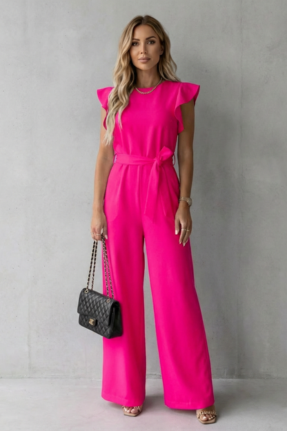 Elspeth | Wide-Leg Jumpsuit White Woven Crepe Ruffle Sleeve Belted for Women