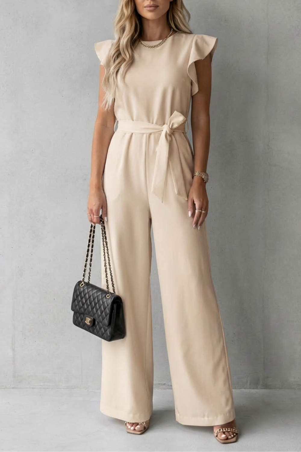Elspeth | Wide-Leg Jumpsuit White Woven Crepe Ruffle Sleeve Belted for Women