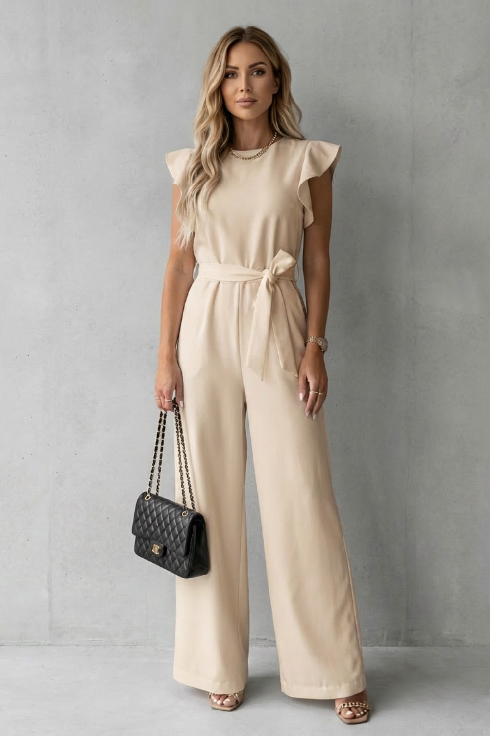Elspeth | Wide-Leg Jumpsuit White Woven Crepe Ruffle Sleeve Belted for Women