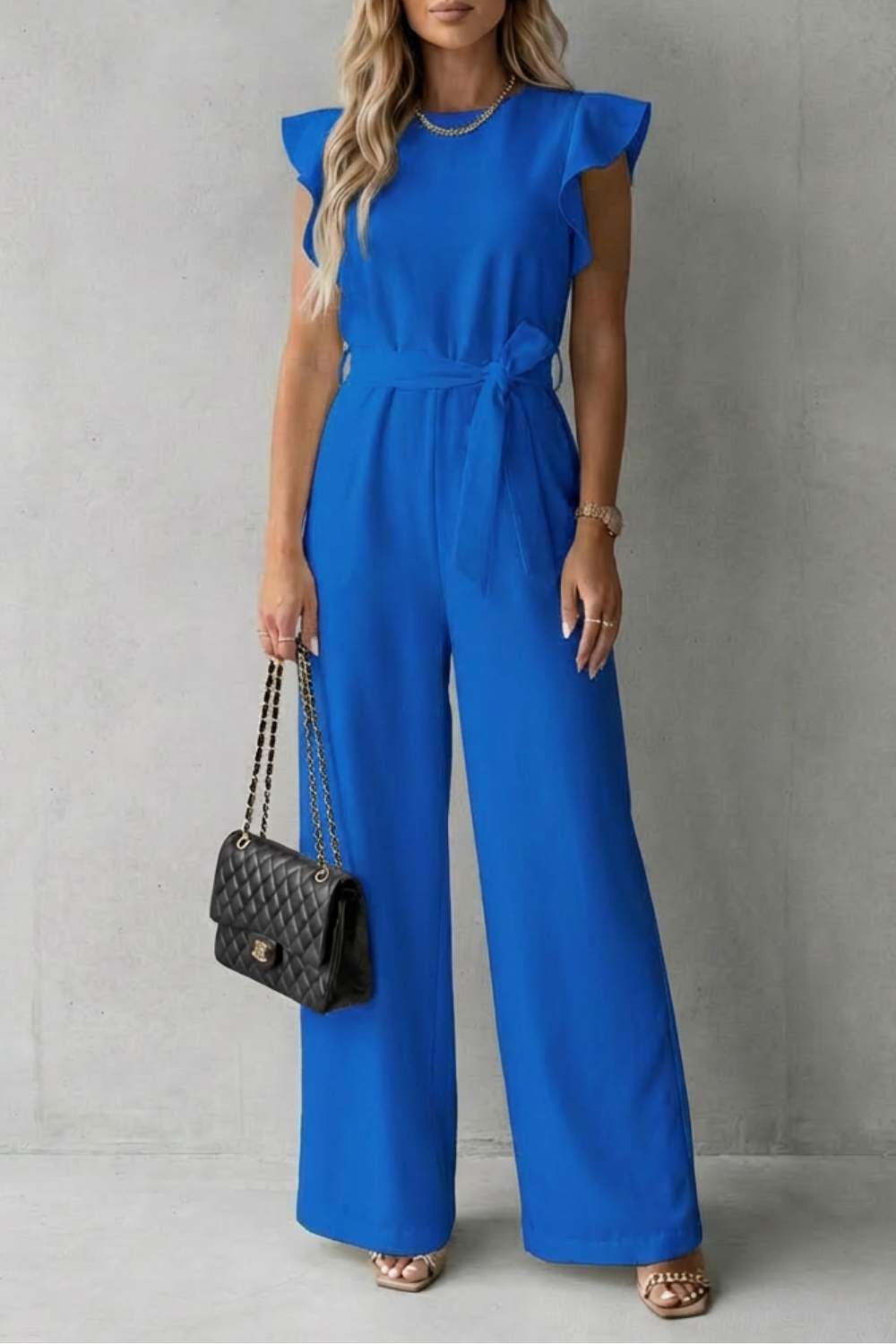 Elspeth | Wide-Leg Jumpsuit White Woven Crepe Ruffle Sleeve Belted for Women