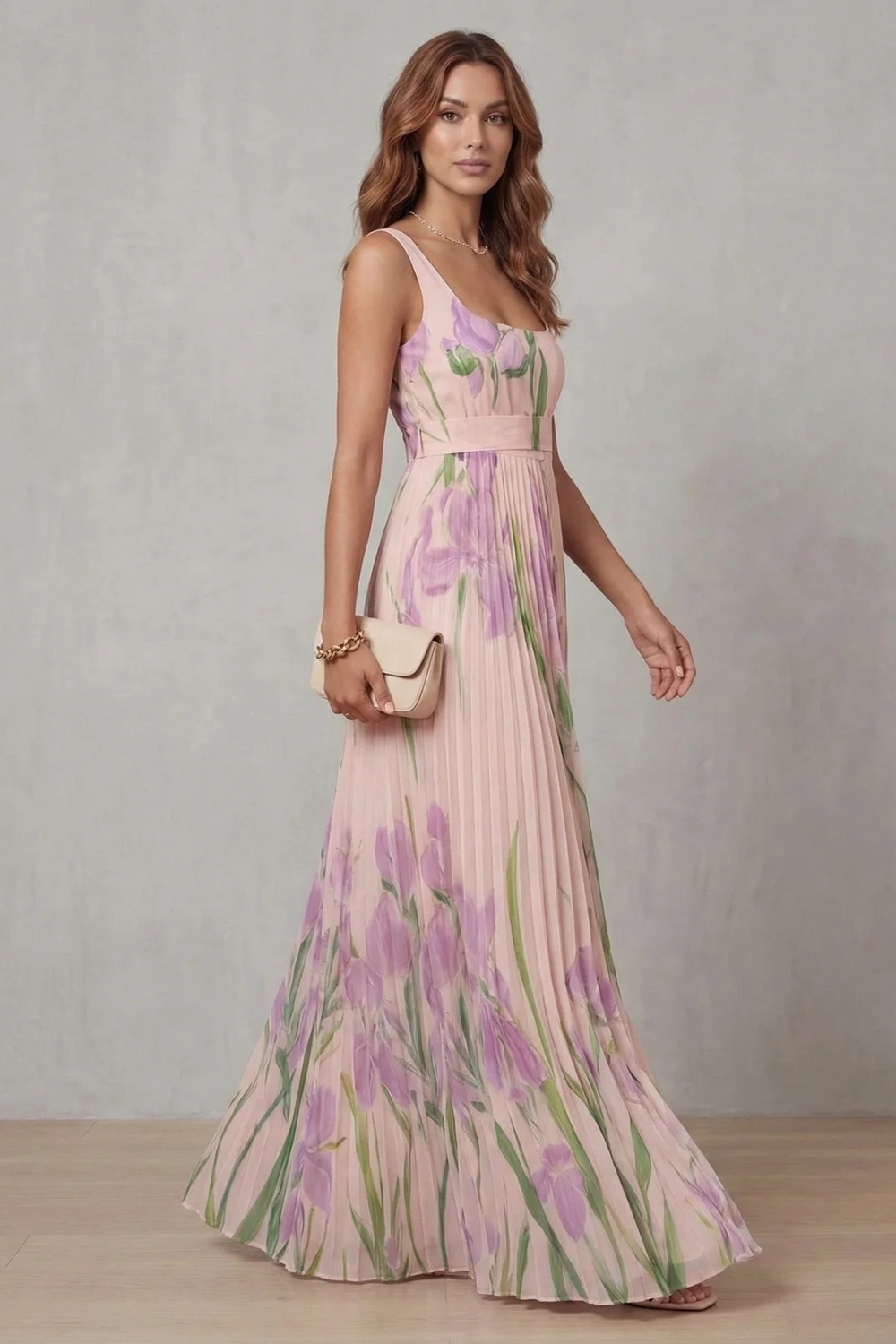 Phoebe | Maxi Dress Blush Pink Floral Pleated Square Neck for Women